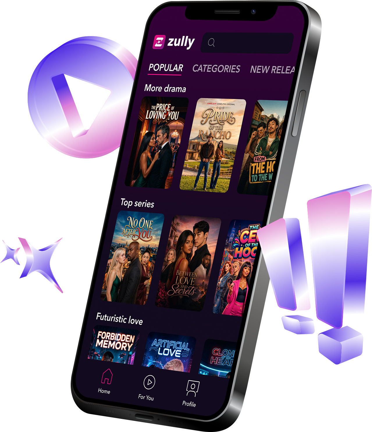 Zully app preview showing micro novelas, dramas, comedies