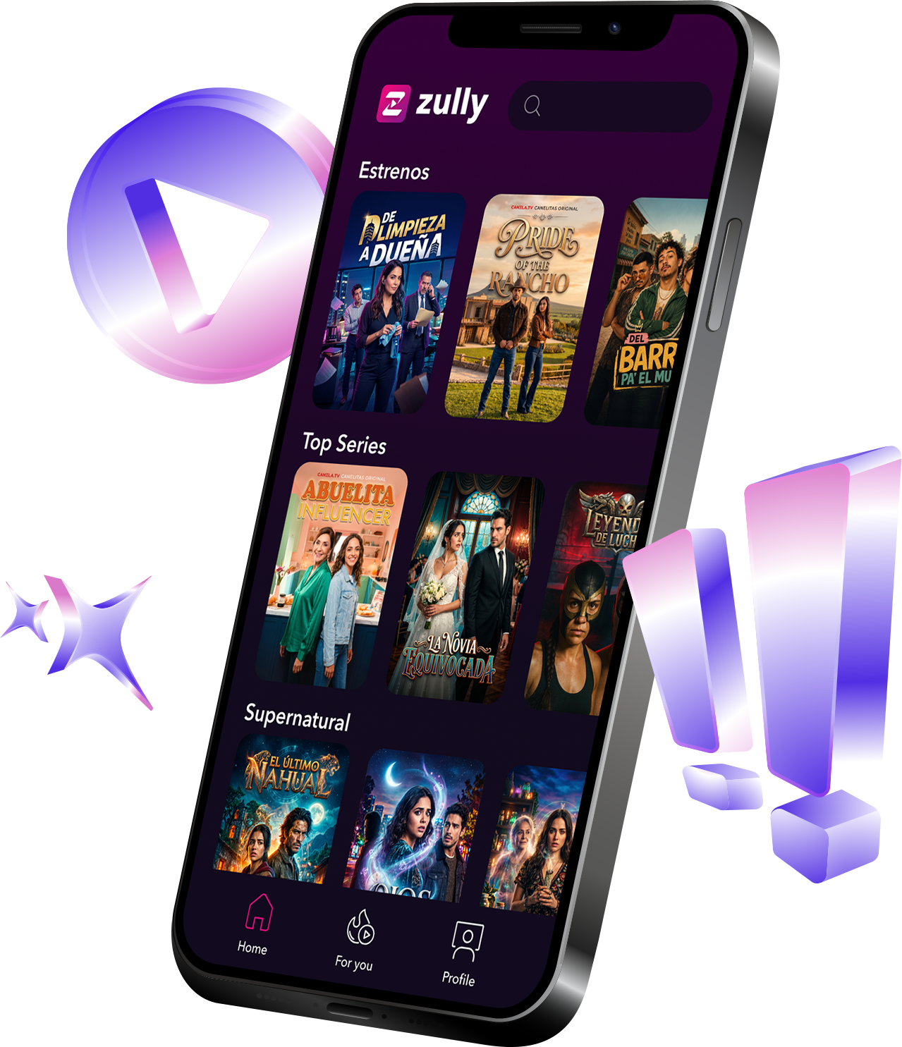 Zully app preview showing micro novelas, dramas, comedies